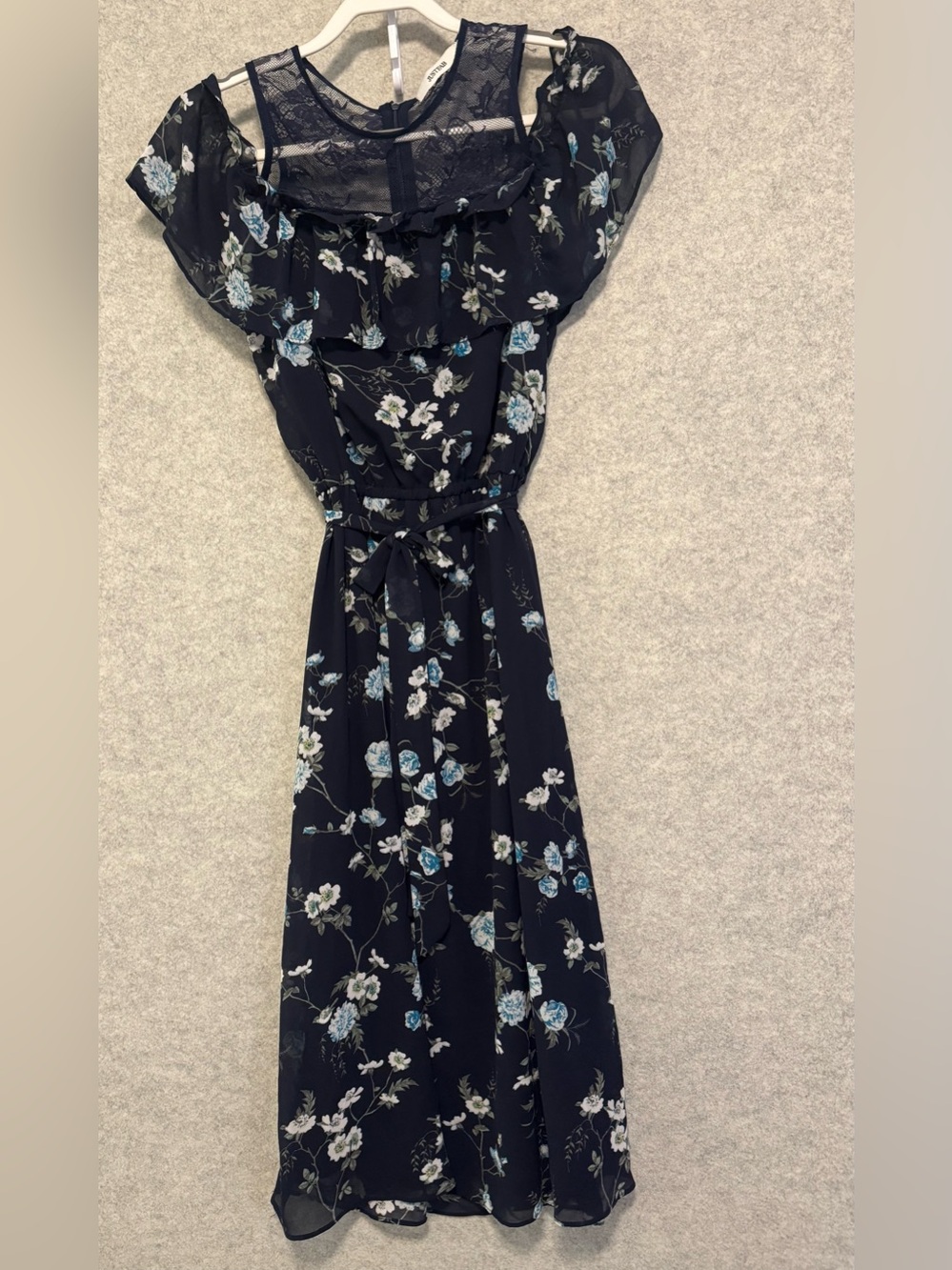 JustFab Dark Navy Floral Midi Dress with Lace Yoke